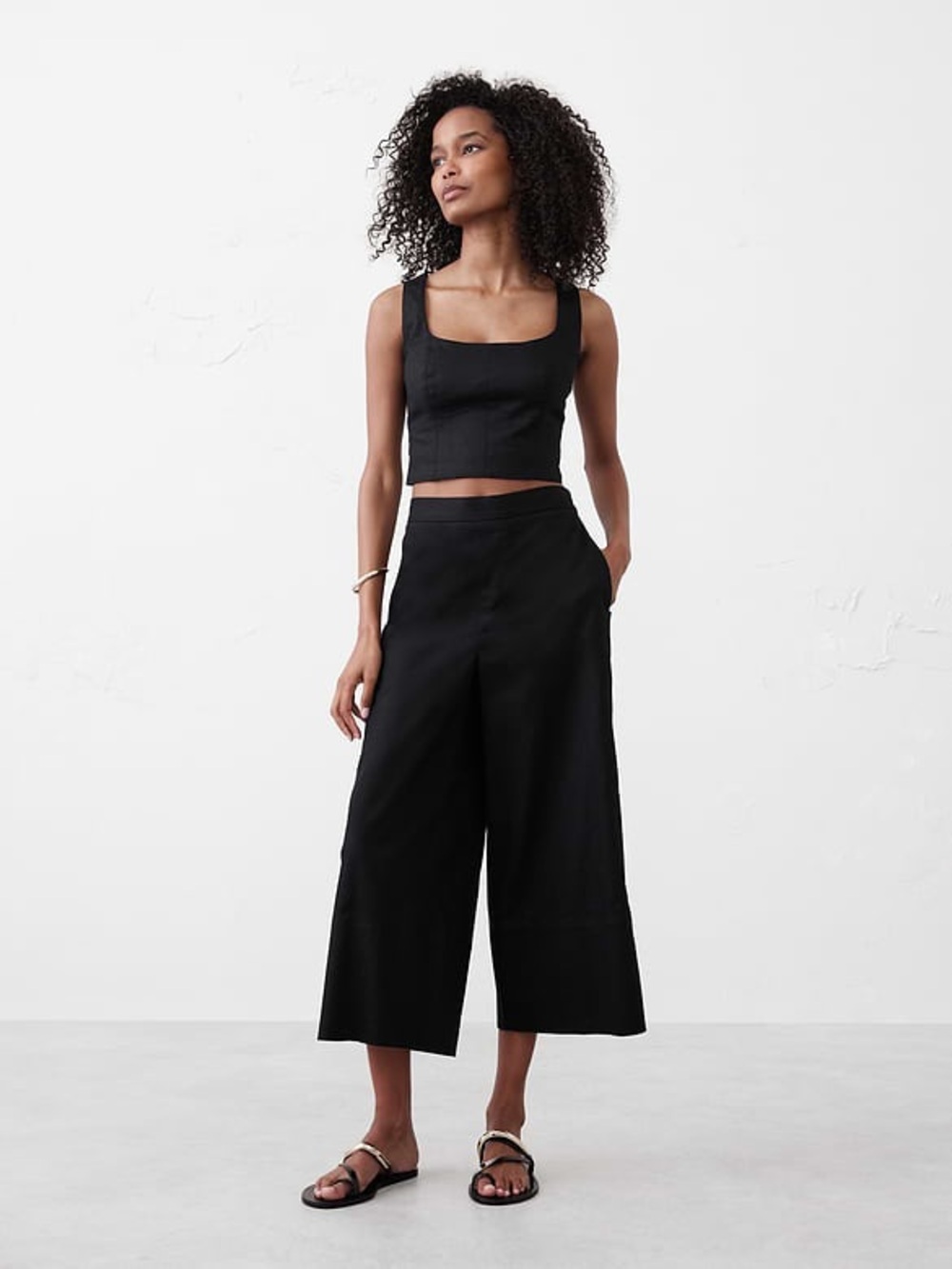 Banana Republic NWT Linen Square Neck Top Crop Smocked Black Size 2 Minimalist